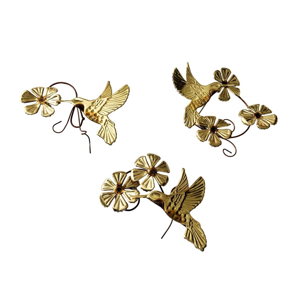 Vintage set of 3 Pressed Tin Gold Hummingbirds Flowers